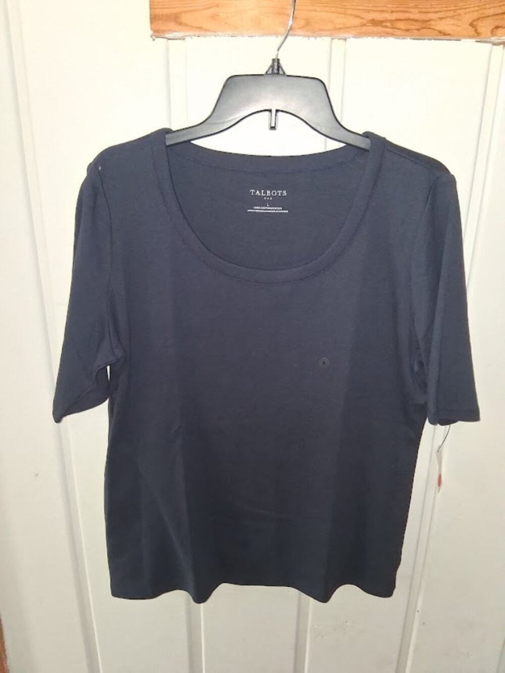 Talbots Cotton Navy Blue Elbow Sleeve Scoop Neck Tee Elbow Sleeves NWT Sz L